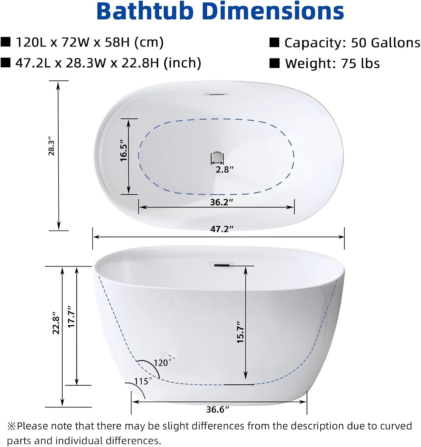47" Oval Freestanding Bathtub